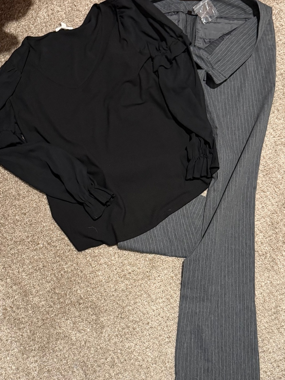 The Limited Black Blouse with Gray Pinstripe Trousers